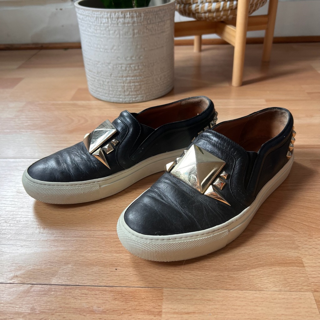 Givenchy Black Leather Slip-Ons With Gold Stud Embellishments Accents
